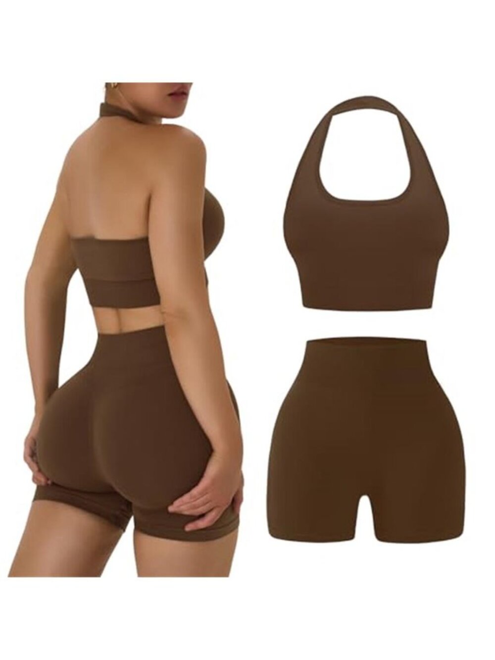 Women’s Seamless Workout Set Halter Sports Bra Bike Biker Shorts Gym Outfit